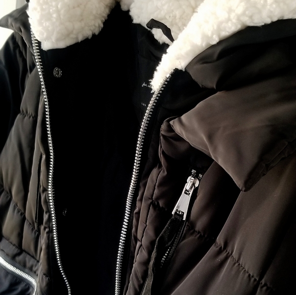 Women's puffer, "For all Mankind" sz small, black,  zippers, fleece hood. - Picture 2 of 4